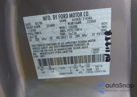 2008 Mercury Mariner Premier z USA, uszkodzony, nr VIN 4M2CU97178KJ44739